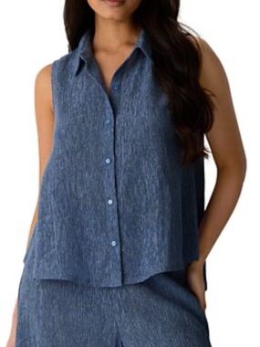 Ellie Tahari Textured dark Chambray Sleeveless Button-Down Top